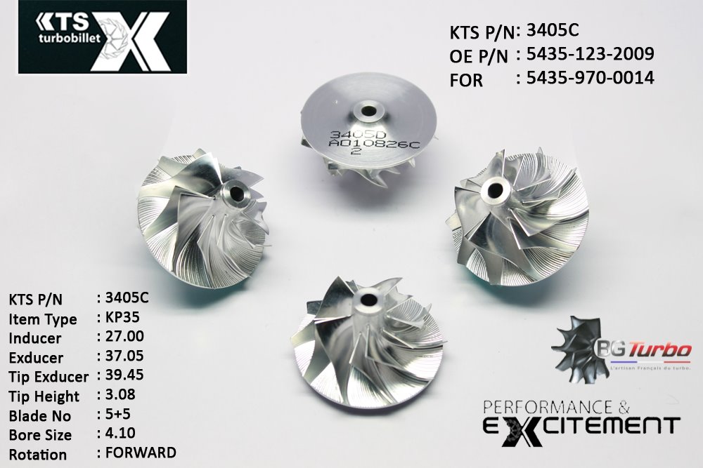 Turbo ROUE FORGÉE MFS PERFORMANCE - 5+5 PALES - INDUCER : 27 - EXDUCER : 37,05 - TYPE : KP35ANGLE : 70° - ROTATION : Forward - SUPER BACK : 2,81 - BORE SIZE : 4,1
